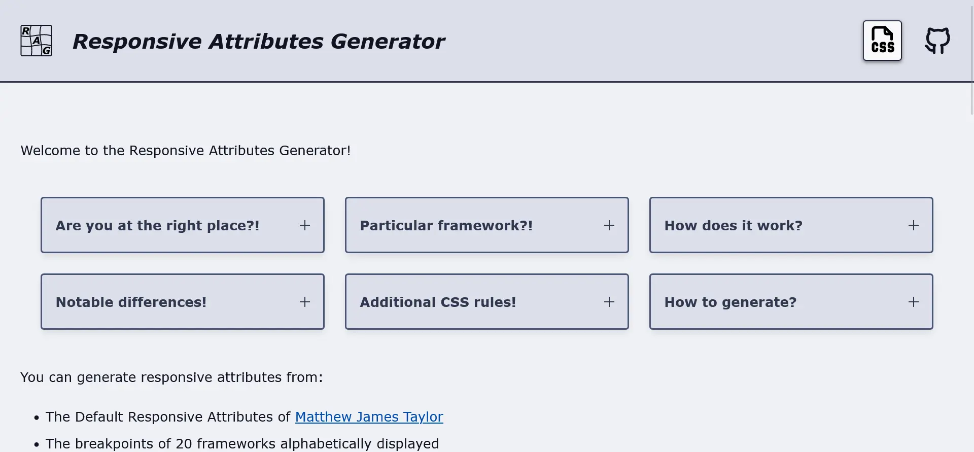 Responsive Attributes Generator homepage